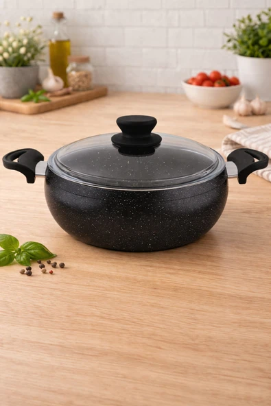LAVONNI Granit Pro 20 Cm Derin Granit Güveç Tencere Siyah Bakalit Saplı Cam Kapaklı Yapışmaz ürün görseli 1