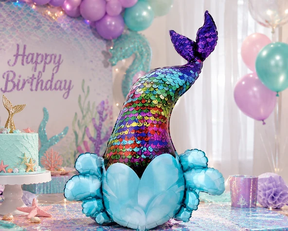 Pullu Deniz Kızı Kuyruğu Folyo Balon 78x110 cm Deniz Kızı Temalı Parti Süsü Balonu ürün görseli 1
