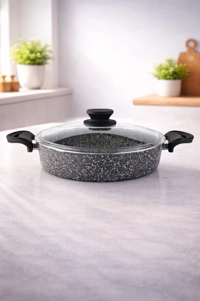 LAVONNI Diez 30 Cm Granit Basık Tencere Gri Yapışmaz Karnıyarık & Pilav Tenceresi Cam Kapaklı ürün görseli 1