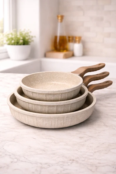 LAVONNI Line 3 Parça Döküm Granit Tava Seti Cappuccino | 20-24-28 cm Yapışmaz Çizilmez Tava Takımı | Kahvaltılık & Günlük Kullanım ürün görseli 1