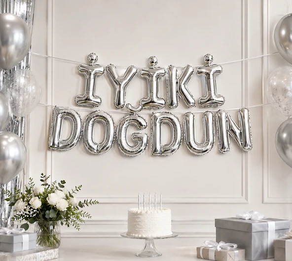 İyi Ki Doğdun Gümüş Folyo Balon Yazı Seti 15 Parça İpli Doğum Günü Parti Süsü Dekoru ürün görseli 1
