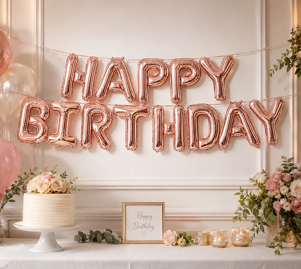 Happy Birthday Rose Gold Folyo Balon Yazı Seti 13 Parça İpli Doğum Günü Parti Süsü Dekoru ürün görseli 1