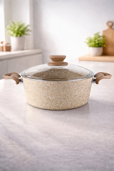 LAVONNI Diez 24 cm Granit Derin Tencere Cappucıno Cam Kapaklı Yapışmaz ürün görseli 1