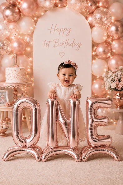 Rose Gold Ayaklı ONE Yazılı 1 Yaş Folyo Balon Seti 75 Cm 32 İnç Doğum Günü Parti Süsü ürün görseli 1