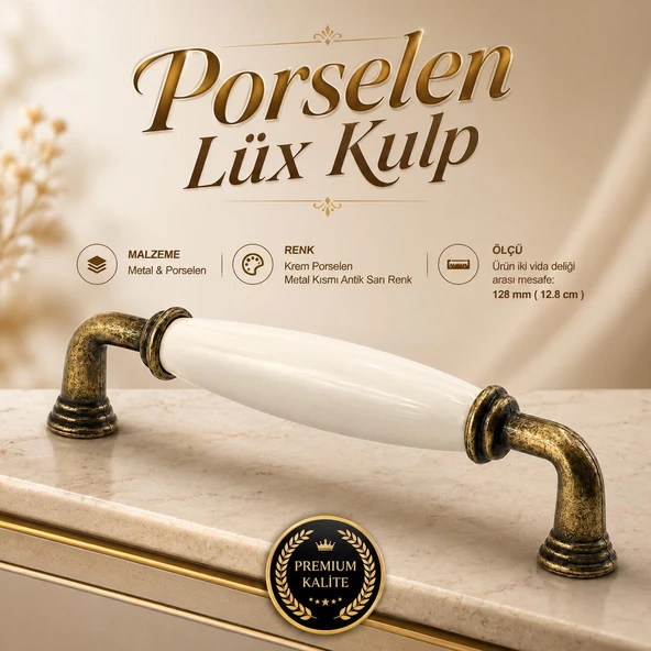 Porselen Krem Antik Sarı Kulp 128 mm 12.8 cm Mobilya Çekmece Dolabı Dolap Kapak Kulpları Kulb Kulpu ürün görseli 1