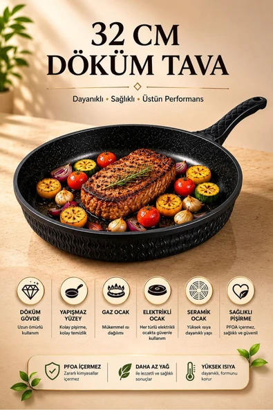 LAVONNI Round 32 CM Döküm Granit Tava Siyah | Yapışmaz Büyük Boy Izgara & Kahvaltı Tavası | Eşit Isı Dağılımı ürün görseli 1