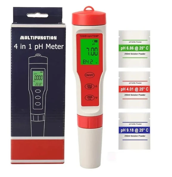 Dijital PH Ölçer 4'ü 1 Arada PH TDS EC Sıcaklık Test Cihazı Işıklı LED Ekran ürün görseli 1