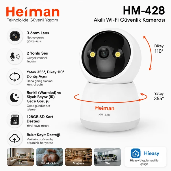 HM-428 360 Derece Dönebilen Renkli Gece Görüşlü 2 Yönlü Sesli Wi-Fi Güvenlik ve Bebek Kamerası 128GB Destekli ürün görseli 1
