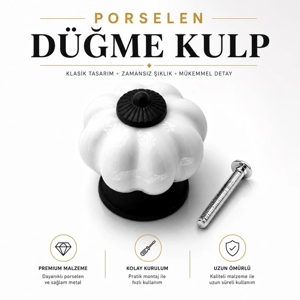 Porselen Düğme Kulp Beyaz Siyah Sade Renk Mobilya Çekmece Dolap Kulpu Kulbu Kulpları ürün görseli 1