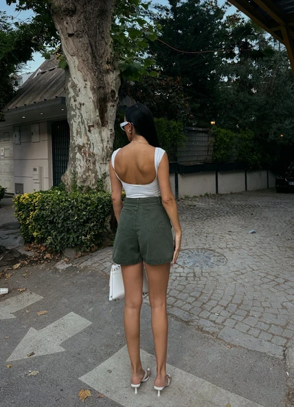 Çift Cepli Pileli Mini Denim Şort - Resim 7