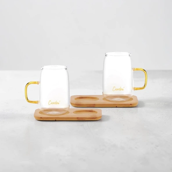 Cambu Bambu Tabaklı Borosilikat Kupa Seti 4 Parça – 2x280 ml Kupa + 2 Bambu Tabak ürün görseli 1
