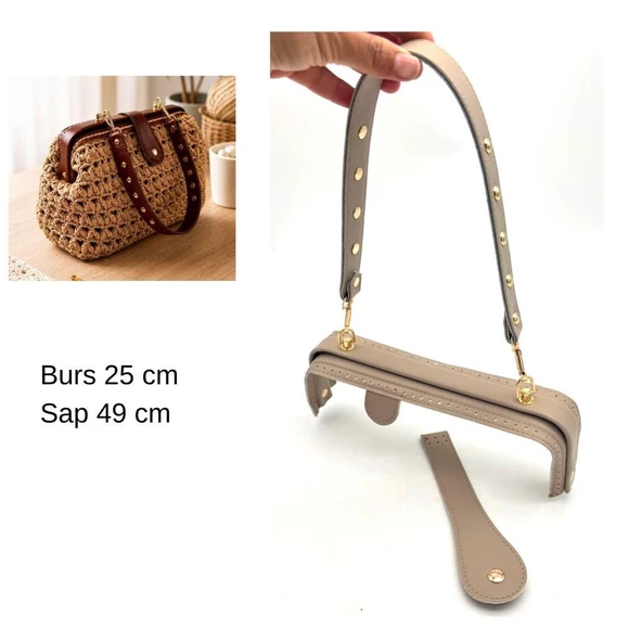 Çanta Aksesuar 25 Cm Lüks Model Çanta Seti Koyu Bej Light Gold Metalli ürün görseli 1