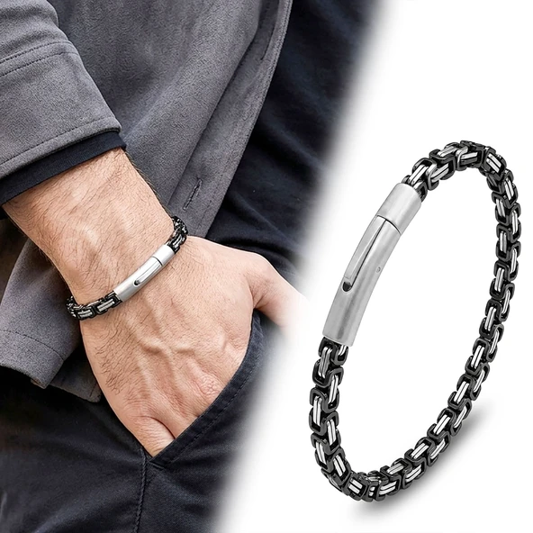 ? Premium Siyah&Beyaz Tekli 4mm Kral Model Çelik Zincir Erkek Bileklik–Çelik Kilit 31835B2D10 ürün görseli 1