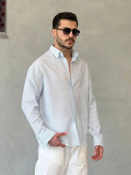 Erkek İnce Çizgili Gofre Kumaş Rahat Kalıp Gömlek ürün görseli 1