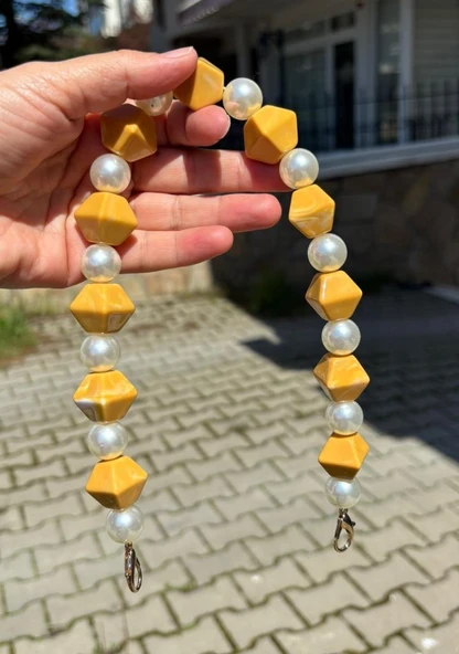 Çanta Aksesuar 40 cm Hardal Sarı Renk İncili Çanta Sapı Kancalı ürün görseli 1