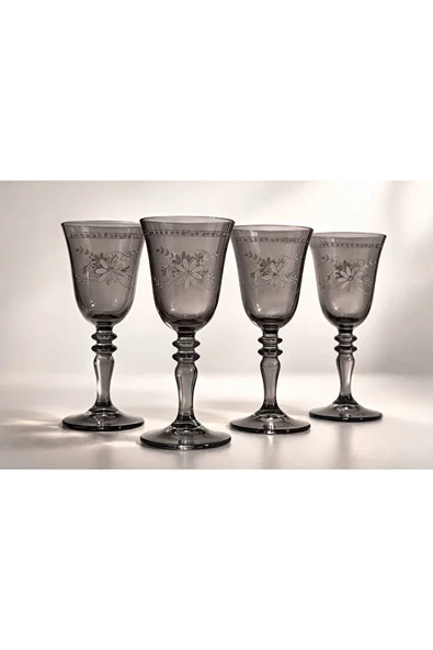 Füme Cam Kadeh 270 cc 4lü Set Desenli Ayaklı Su Meşrubat Bardağı ürün görseli 1