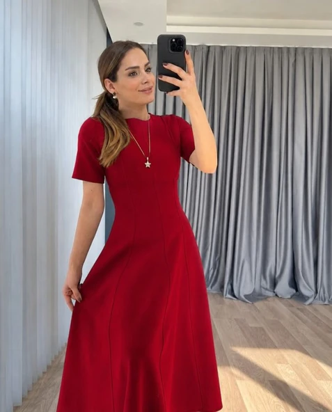 Kadın Kısa Kollu Bisiklet Yaka Maksi Boy Ithal Krep Elbise ürün görseli 1