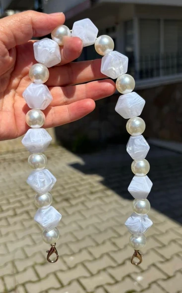 Çanta Aksesuar 40 cm Beyaz Renk İncili Çanta Sapı Kancalı ürün görseli 1
