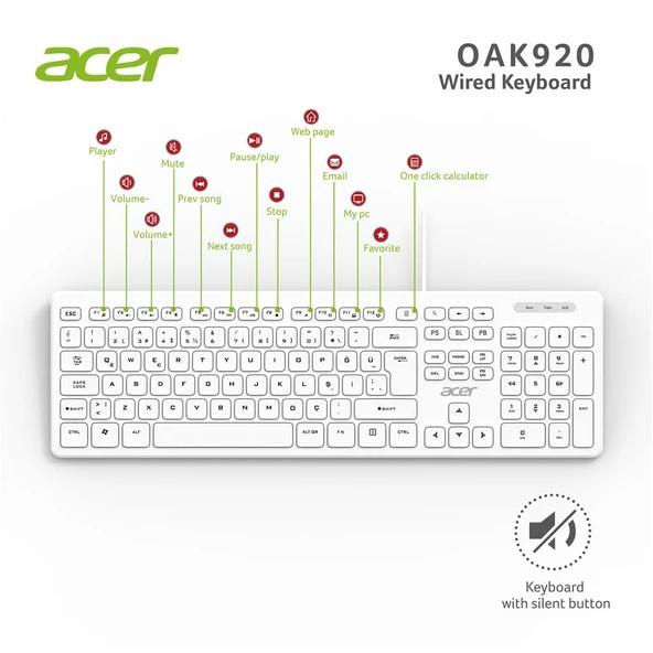 Acer OAK920 Q Usb Beyaz 1.8mt Kablolu Klavye-Tek Tuş Hesap Makinalı (Sessiz Tuş) ürün görseli 1