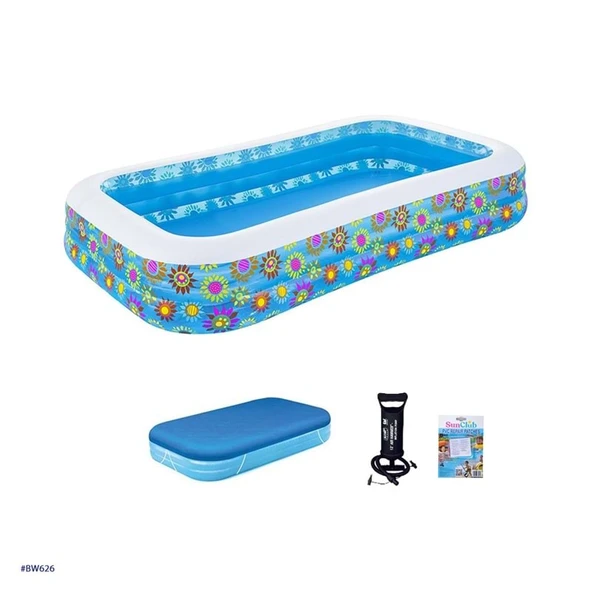 Bestway Çiçek Desenli Şişme Aile Havuzu 305x183x56 cm + El Pompası + Üst Kapama Örtüsü 54121 BW626 ürün görseli 1