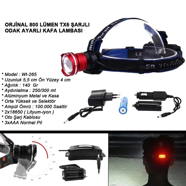 Orjinal 800 Lümen T6 Şarjlı Kafa Feneri Wt-265 ürün görseli 1