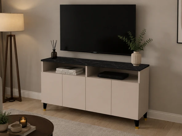 Yamaç Modern TV Ünitesi 4 Kapaklı Ayaklı Televizyon Dolabı Salon Mobilyası Çakıl Taşı - Siyah Mermer ürün görseli 1