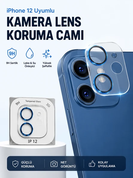 iPhone 12 Kamera Lens Koruyucu 9H Temperli Cam Mavi ürün görseli 1