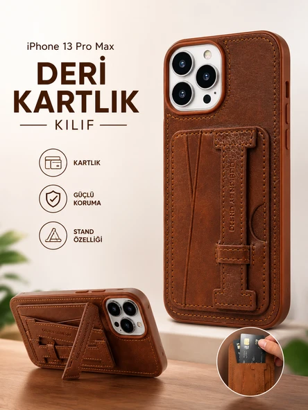 iPhone 13 Pro Max Uyumlu Deri Kartlıklı Standlı Kılıf Kahverengi ürün görseli 1