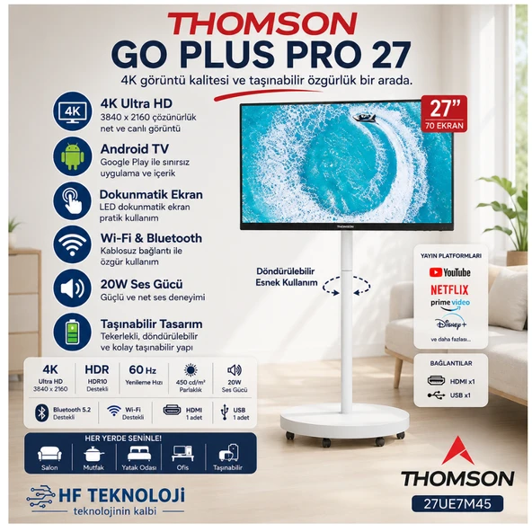 Thomson Döndürülebilir, Tekerlekli, Taşınabilir Ekran, Dahili Hoparlörlü Go Plus Pro 27UE7M45 4K Ultra HD 27" 70 Ekran Android Smart Taşınabilir TV ürün görseli 1