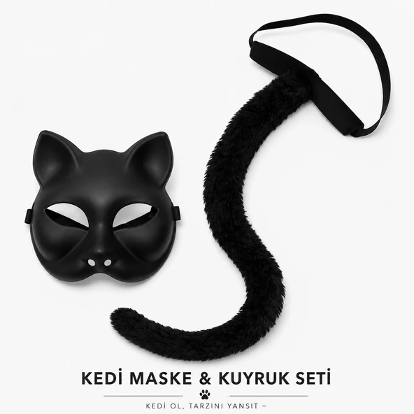 Siyah Kedi Maskesi ve Peluş Kuyruk Kostüm Seti 70 cm ürün görseli 1
