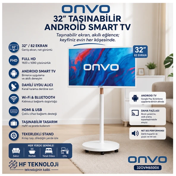 Onvo Full HD 32" 82 Ekran Uydu Alıcılı Android Smart Taşınabilir LED TV ürün görseli 1