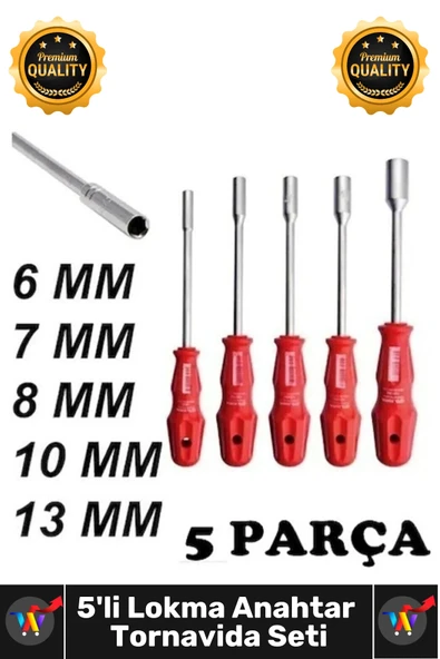 #LokmaAnahtar Krom İçi Boş Şaftlı 6 7 8 10 13 Mm Metal Altıgen 5 Adet Lokma Anahtar Tornavida Seti ürün görseli 1