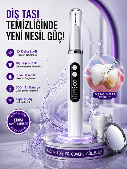Diş Eti Sensörlü 500mAh Şarjlı 5 Modlu Ultrasonik Akıllı Diş Taşı Plak Temizleme Cihazı ürün görseli 1