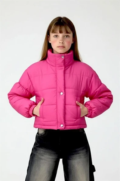 Kız Çocuk Pembe Çıtçıtlı Fermuarlı Şişme Mont ürün görseli 1
