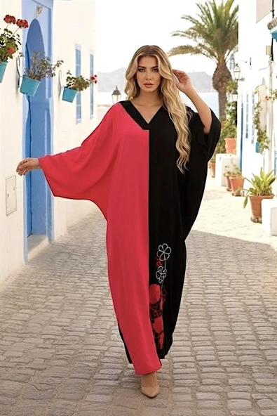 Pembe Siyah Garnili V Yaka Eteği Nakışlı Cepli Oversize Uzun Elbise ürün görseli 1