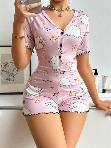 Pamuklu Pembe Kuzu Desenli Düğmeli Uzun Kol Tulum Pijama ürün görseli 1