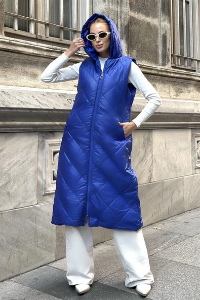 Saks Mavi Kapüşonlu Cepli Baklava Desen Uzun Şişme Yelek ürün görseli 1