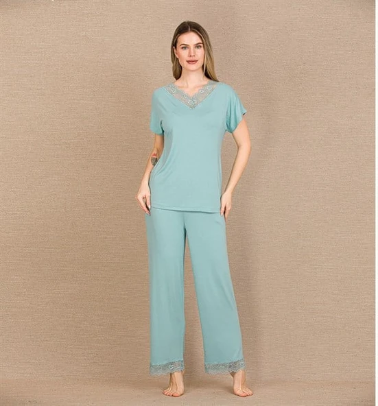 Closet Viskon Şık Tasarım Dantel İşlemeli Mint Yeşil Kısa Kol Pijama Takımı ürün görseli 1