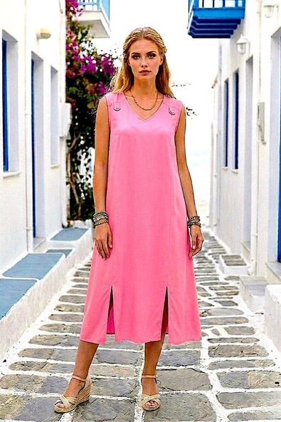 Pembe Düğme Detay Arka Bağcıklı Keten Elbise ürün görseli 1