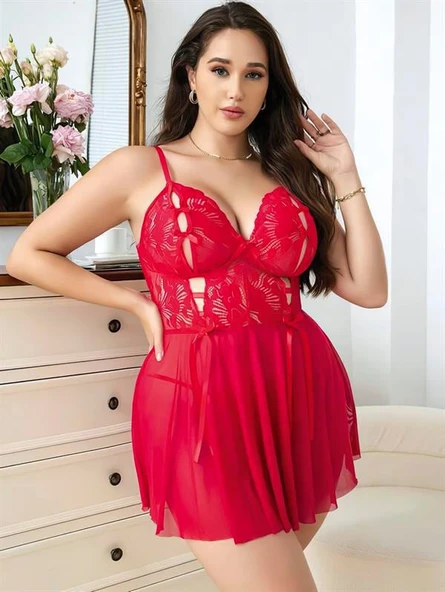 Closet Büyük Beden Göğüs Kısmı Fiyonklu Dekolteli  Gecelik ürün görseli 1