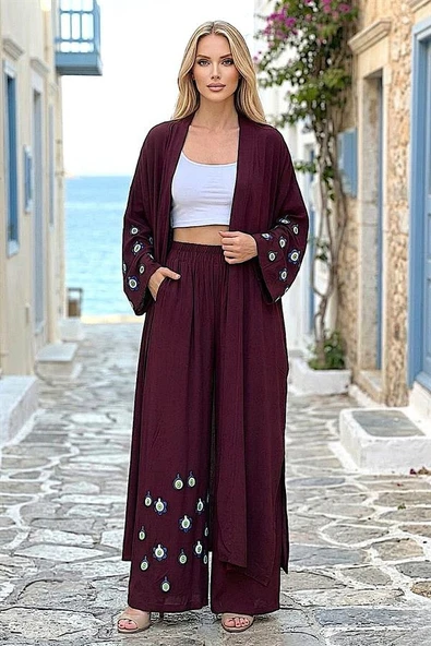 Bordo Mavi Boncuk Kimono Pantolon Takım ürün görseli 1