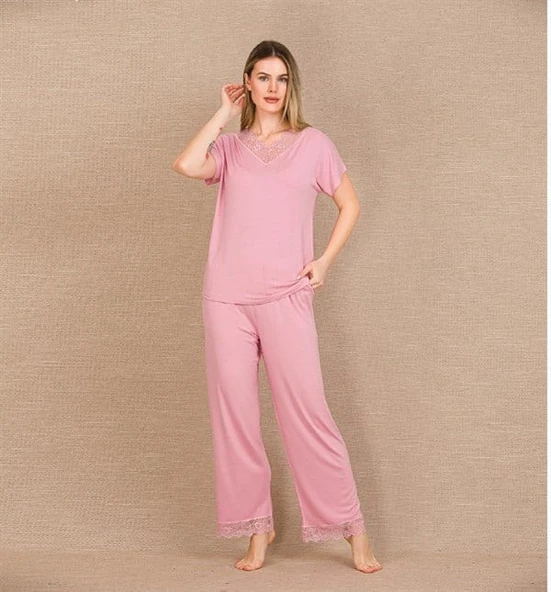 Closet Viskon Şık Tasarım Dantel İşlemeli Pembe Kısa Kol Pijama Takımı ürün görseli 1