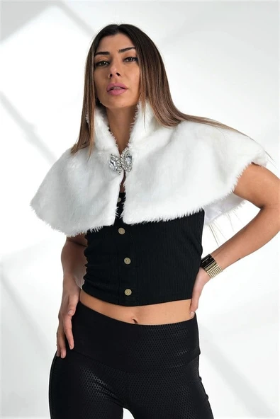Beyaz Broşlu Kürk Etol Bolero - Resim 5