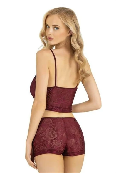Bordo Saten Şort Takımı 9219 - Resim 2