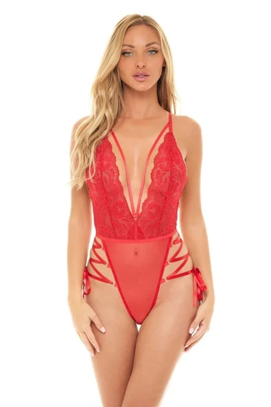 İp Detaylı Dantelli Kırmızı Body - Resim 2
