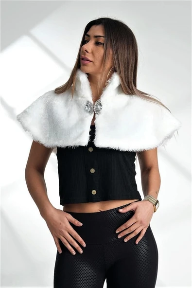 Beyaz Broşlu Kürk Etol Bolero - Resim 7