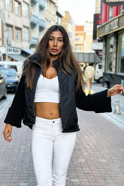 Siyah Dik Yaka Kolları Triko Cepleri Fermuarlı Şişme Mont ürün görseli 1