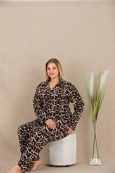 Büyük Beden Leopar Desenli Düğmeli Uzun Kol Viskon Pijama Takımı ürün görseli 1