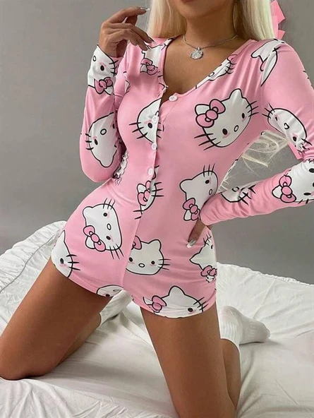 Pamuklu Pembe Hello Kitty Desenli Düğmeli Uzun Kol Tulum Pijama ürün görseli 1