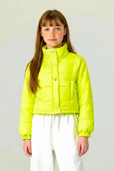 Kız Çocuk Neon Yeşil Çıtçıtlı Fermuarlı Şişme Mont ürün görseli 1